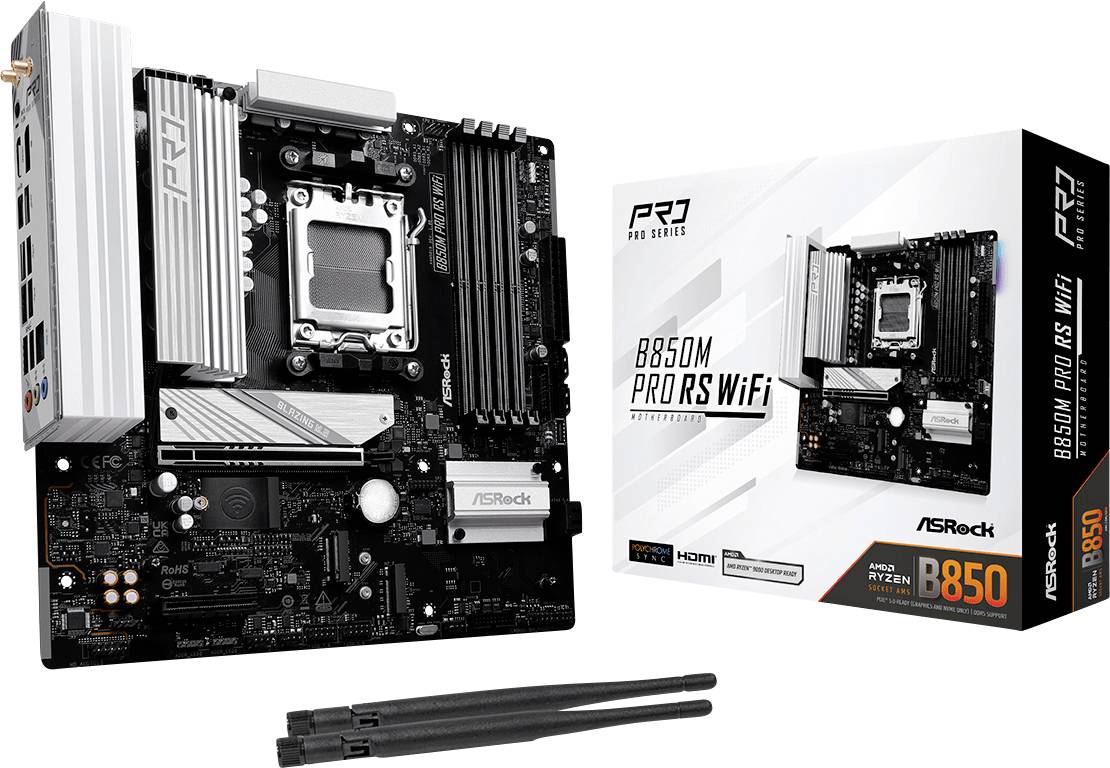 'ASRock B550M Pro RS WiFi' Mainboard-Box und Mainboard mit USB, HDMI und WiFi Modulen. Geeignet für AMD Ryzen Prozessoren.