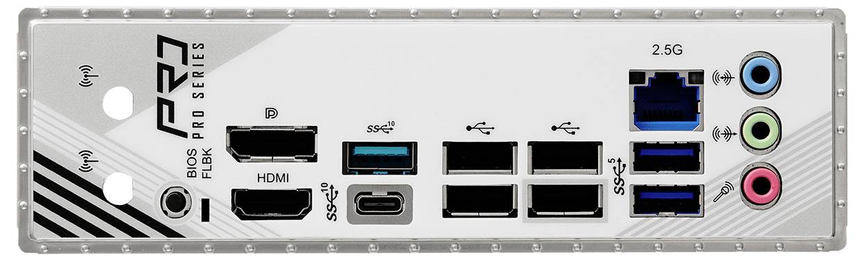 Rückseite eines Mainboards mit Anschlüssen: 2,5G-LAN, USB-Ports, HDMI, DisplayPort und Audio-Buchsen. Markierung 'Pro Series'.