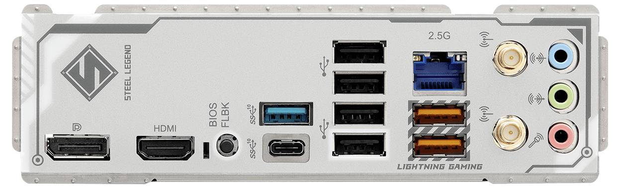 Rückseite eines PCs mit diversen Anschlüssen: HDMI, DisplayPort, USB-Anschlüsse, Netzwerkanschlüsse und Audioanschlüsse.