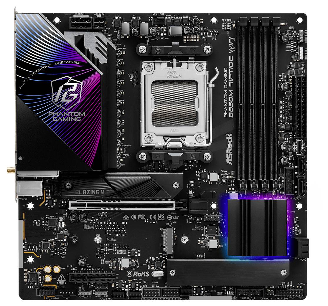 ASRock B650M Pro RS Motherboard mit AM5-Sockel, vier RAM-Steckplätzen, PCIe-Steckplätzen und integrierten Kühlkörpern. Ideal für Gaming-Systeme.