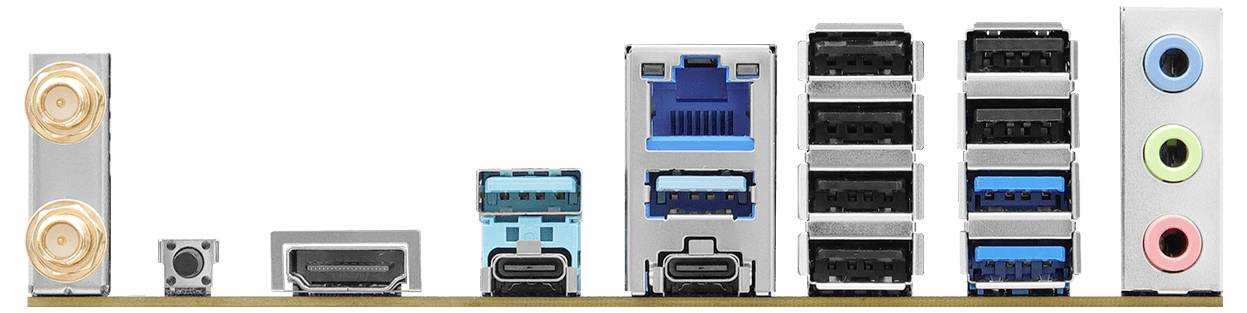 Rückseite eines Computer-Motherboards mit Anschlüssen: goldener Audio-Ausgang, HDMI, USB-Ports, Ethernet-Anschluss, Audio-Eingänge.