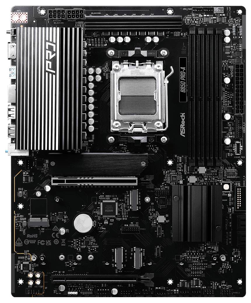 Eine schwarze Computer-Mainboard-Platine mit mehreren Steckplätzen und Anschlüssen, darunter CPU-Sockel und PCIe-Steckplätze.