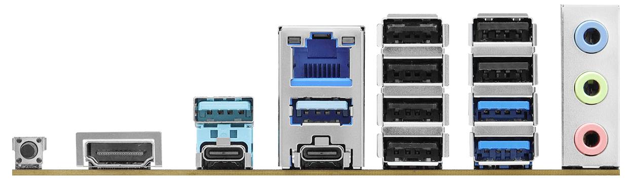 Mehrere Computeranschlüsse nebeneinander: Einschaltknopf, DisplayPort, zwei USB-C, Ethernet, sechs USB-Anschlüsse, Audio.