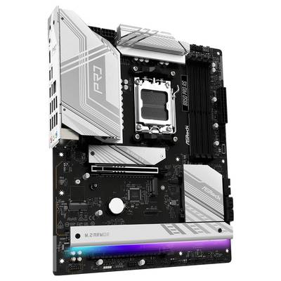 Eine ASRock-Motherboard mit futuristischem Design, silbernen Kühlkörpern und RGB-Beleuchtung, geeignet für PC-Bausätze.