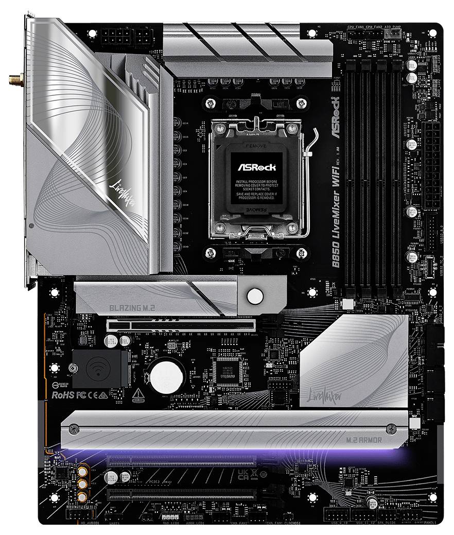 'ASRock B660M Mainboard, silberne und schwarze Elemente, Sockel, Speichersteckplätze, M.2-Steckplätze, geeignet für PC-Bau.'