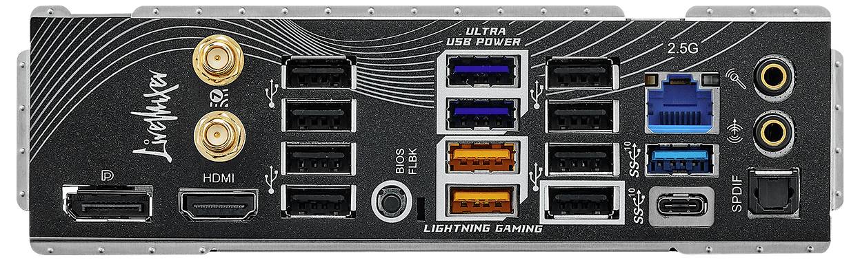 'Rückseite eines Mainboards mit Anschlüssen: HDMI, USB (verschiedene Typen), Ethernet, Audioausgänge, Koaxialanschluss.'