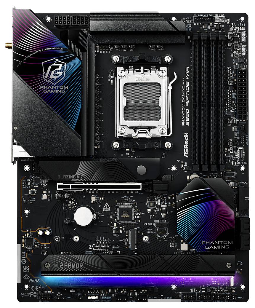 Mainboard ASRock B660 Phantom Gaming: Schwarz mit RGB-Elementen, Wi-Fi-Modul und diversen Anschlüssen, geeignet für leistungsstarke PCs.