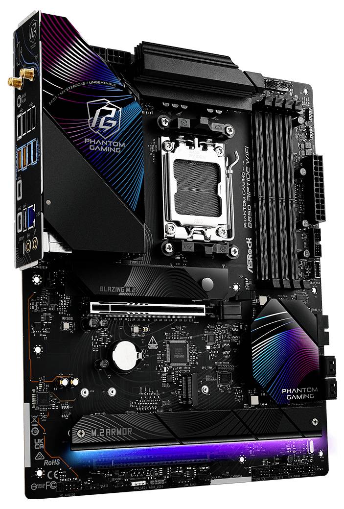 Eine schwarze Computer-Mainboard-Platine mit vielfältigen Anschlüssen und Schriftzug 'Phantom Gaming' sowie leuchtenden Akzenten.