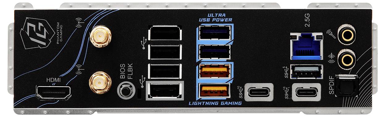 Rückseite eines Computer-Motherboards mit verschiedenen Anschlussports, darunter USB-Anschlüsse, HDMI, Netzwerk- und Audioanschlüsse.