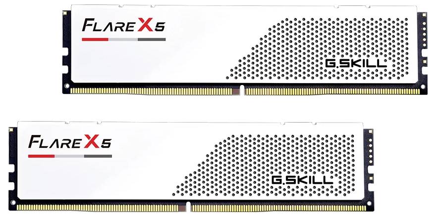 Zwei G.Skill Flare X5 RAM-Module mit weißem Design und schwarzem Logo, geeignet für Computer-Upgrades.