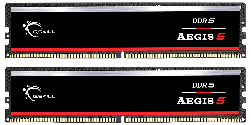 Zwei G.Skill Aegis DDR5 RAM-Module mit schwarzem Design und roten Streifen, geeignet für Computer-Upgrades.