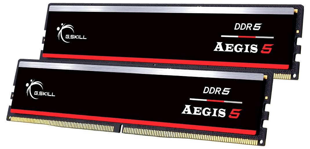 Zwei DDR5 RAM-Module der Marke G.Skill, Modell 'Aegis 5', mit schwarzen Kühlkörpern und roten Akzenten.
