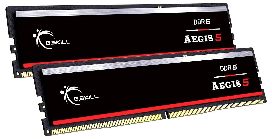 Zwei G.Skill Aegis DDR5-RAM-Module, schwarz mit roter Schrift, geeignet für leistungsstarke Computeranwendungen.