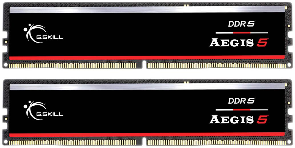 Zwei G.Skill DDR5 Aegis RAM-Module nebeneinander mit schwarzem Design und rotem Streifen, geeignet für Computeraufrüstungen.
