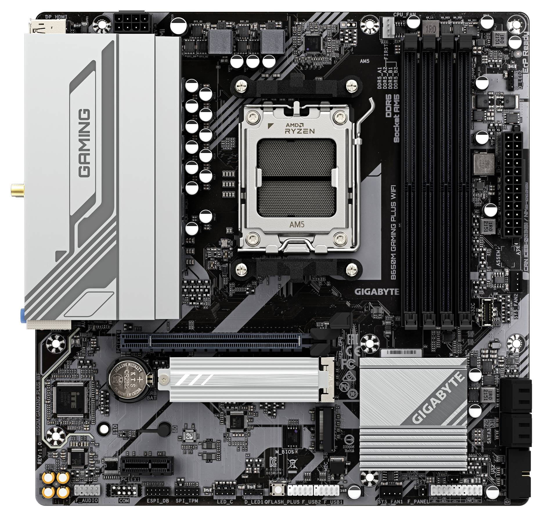 Hauptplatine (Motherboard) für Computer, AMD Sockel AM5, Design von GIGABYTE, enthält Anschlüsse für Prozessor, RAM und Peripheriegeräte.