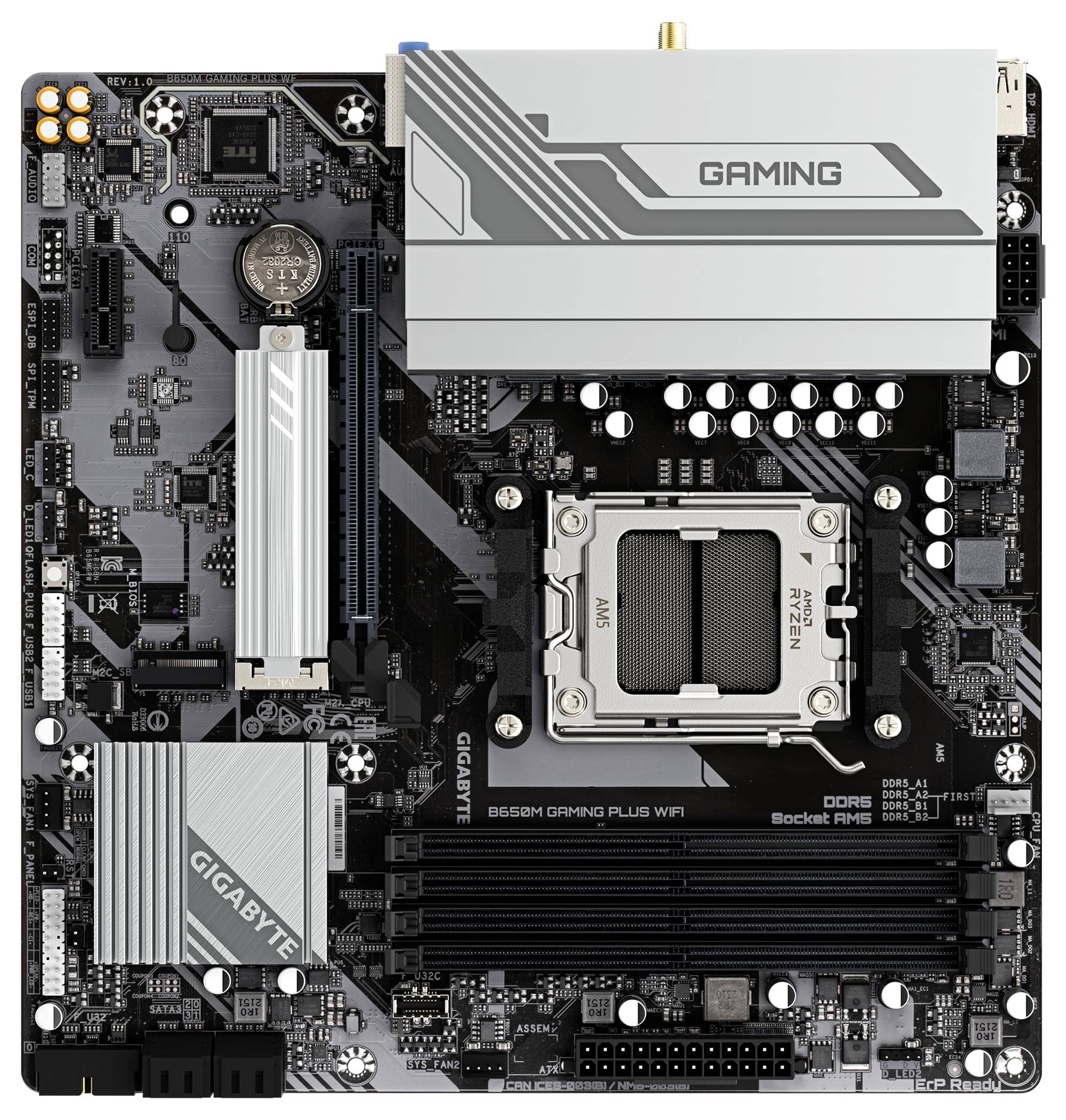 Eine 'Gaming'-Hauptplatine von oben betrachtet, mit sichtbaren Steckplätzen für RAM und CPU, PCIe-Slots und Kühlkörper.