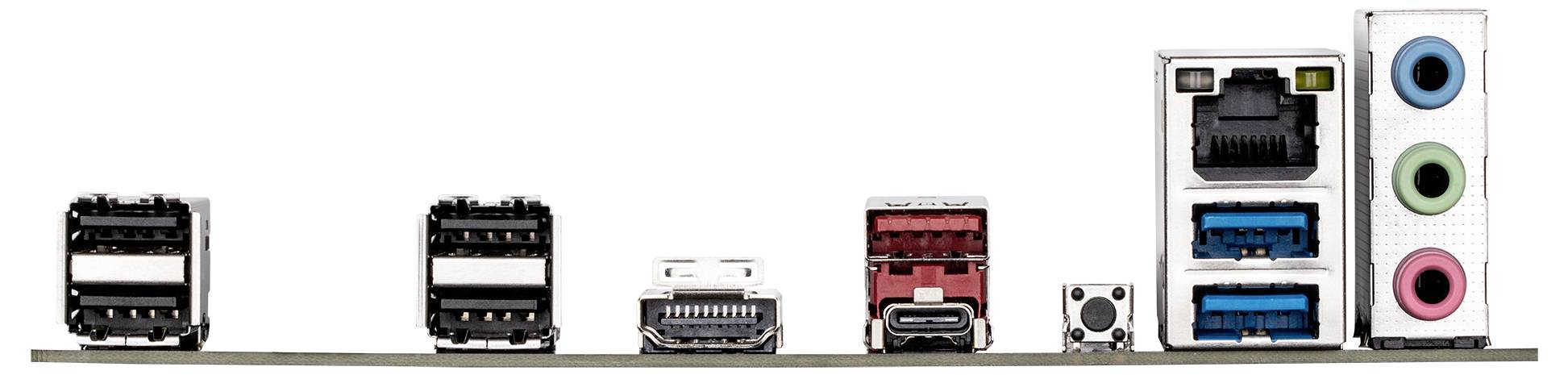 Rückseite eines Computer-Motherboards mit verschiedenen Anschlüssen: USB-Ports, HDMI, Ethernet und Audio-Eingänge.