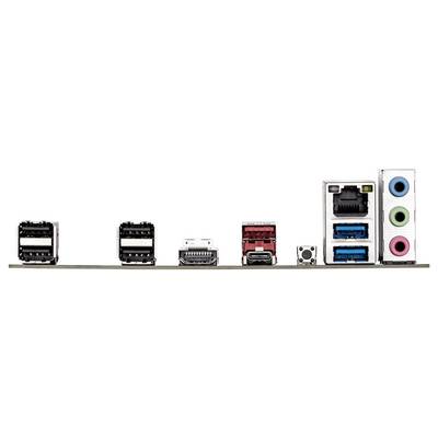 Rückseite eines Computer-Motherboards mit verschiedenen Anschlüssen: USB-Ports, HDMI, Ethernet und Audio-Eingänge.
