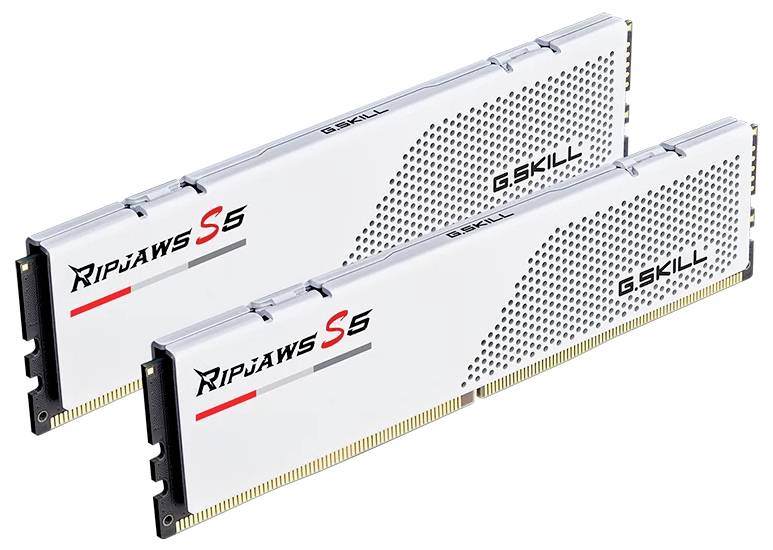 Zwei G.Skill Ripjaws S5 RAM-Module mit weißem Kühlkörper und minimalistischen, modernen Design, geeignet für Computer-Upgrades.