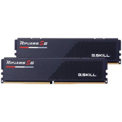 Zwei G.SKILL Ripjaws S5 RAM-Module, schwarzes Design, liegend. Enthalten weiße und rote Schriftzüge, geeignet für Computer.