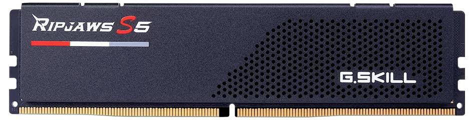 Ein RAM-Modul der Marke G.Skill, Modell 'Ripjaws S5', mit schwarzem Kühlkörper und sichtbaren goldfarbenen Kontaktpins.