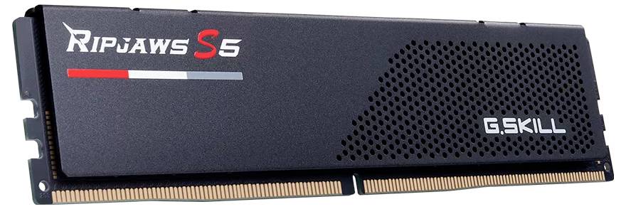 Schwarzes G.Skill Ripjaws S5 RAM-Modul mit goldenen Kontaktstiften und Markenlogo.