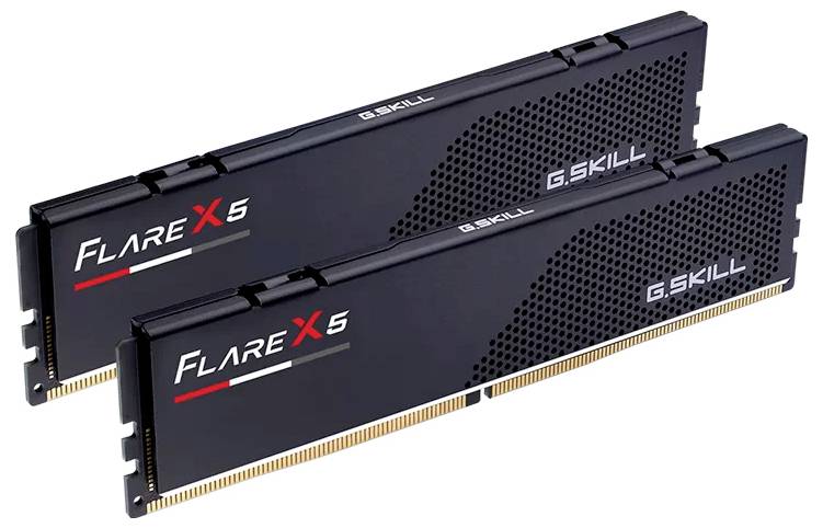 Zwei G.Skill Flare X5 RAM-Riegel. Sie sind schwarz mit einem Punktmuster und dem Aufdruck 'Flare X5' in Rot und Weiß.
