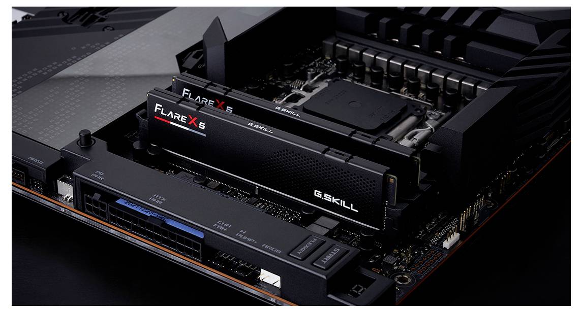 Nahaufnahme eines Computer-Motherboards mit eingebauten RAM-Riegeln der Marke G.Skill Flare X5.