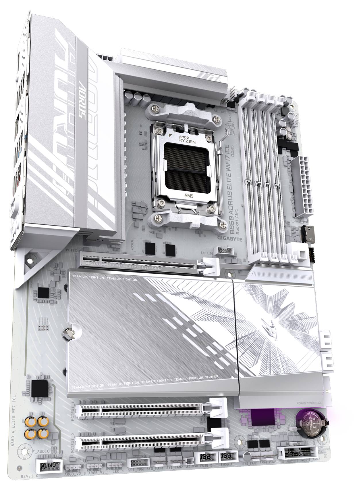 Ein weißes Computer-Mainboard mit zahlreichen Anschlüssen und Steckplätzen. Im Zentrum befindet sich der CPU-Sockel.