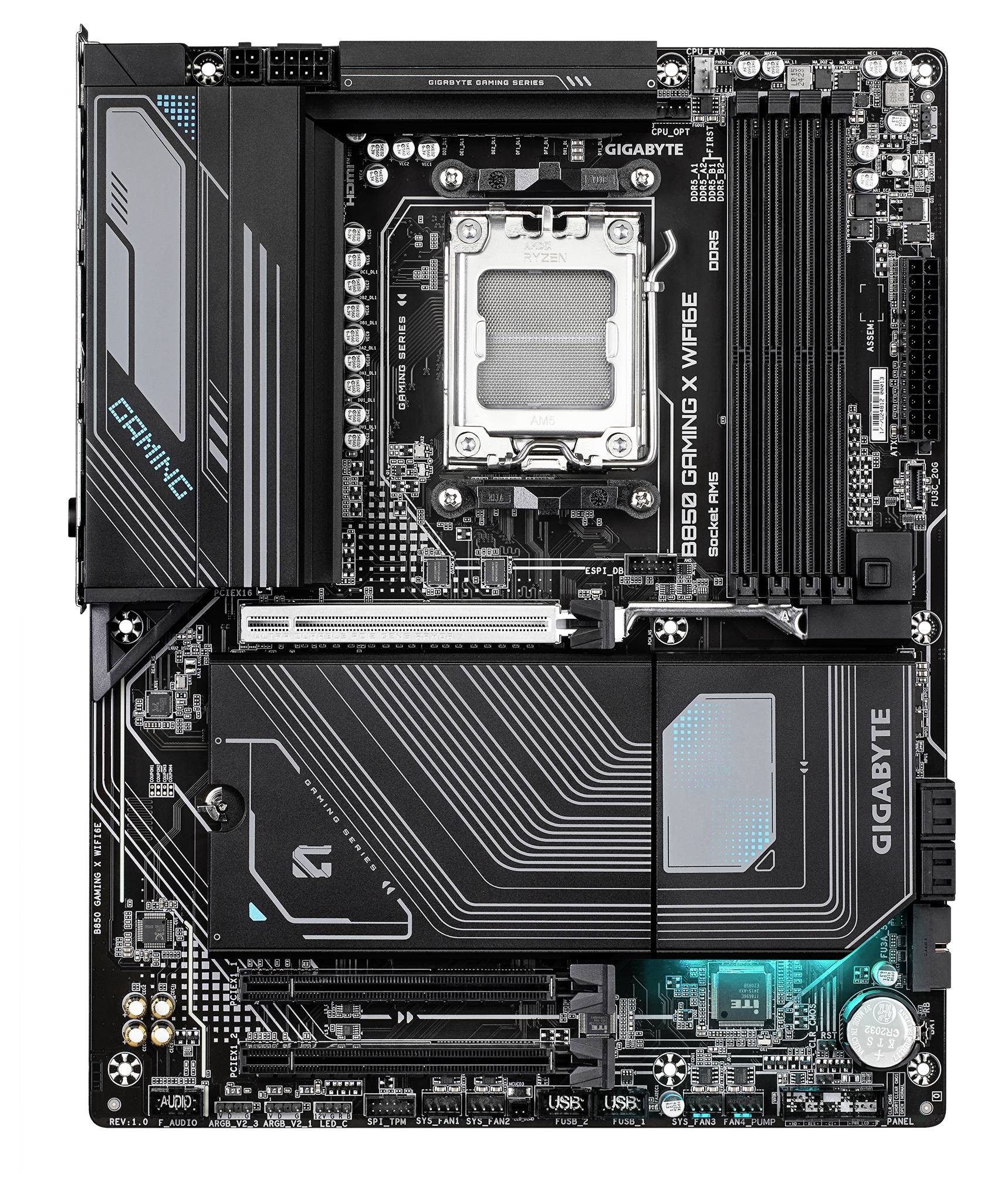 Motherboard mit CPU-Sockel, Speicherslots und mehreren Anschlüssen; geeignet für Gaming und High-Performance-Anwendungen.