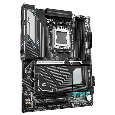 Hauptplatine für Gaming-PCs mit mehreren RAM-Steckplätzen, Kühlkörpern und elektronischen Komponenten.