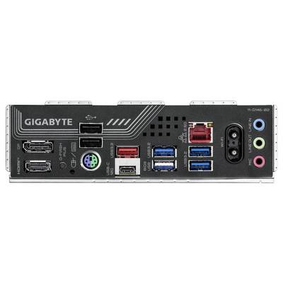 Rückseite eines Motherboards von Gigabyte mit verschiedenen Anschlüssen: HDMI, USB-C, USB 3.0, Ethernet-Port und Audioanschlüsse.