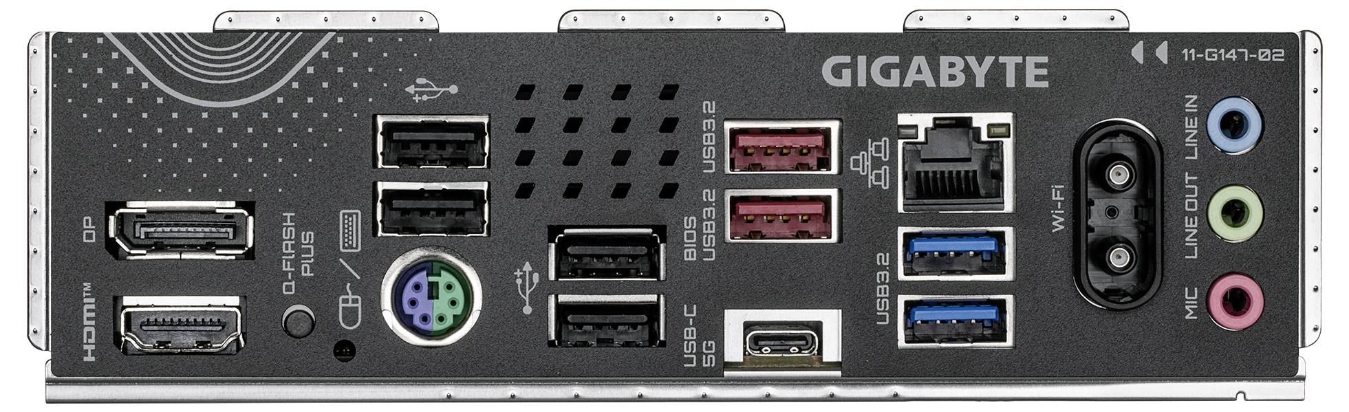 Rückseite eines GIGABYTE-Motherboards mit verschiedenen Anschlüssen wie USB-Ports, HDMI, Audioanschlüsse und Ethernet.