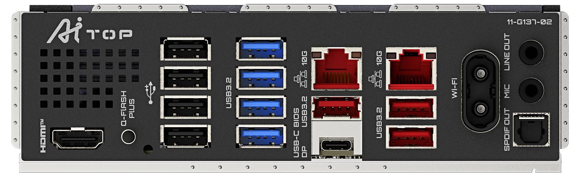 Rückansicht eines Computer-Motherboards mit verschiedenen Anschlüssen: HDMI, USB 3.0, USB-C, LAN-Ports, Wi-Fi- und Audio-Ausgänge.