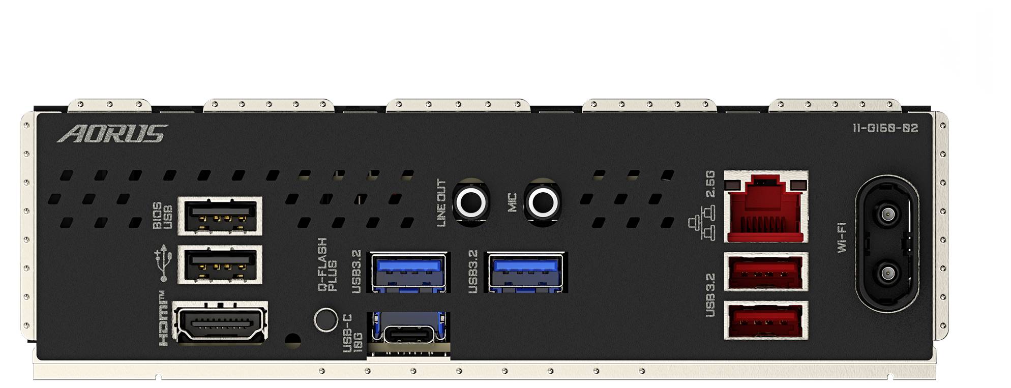 Rückansicht eines Computer-Motherboards mit USB-, Ethernet-, Audio-, HDMI-Anschlüssen und Marke 'AORUS'.
