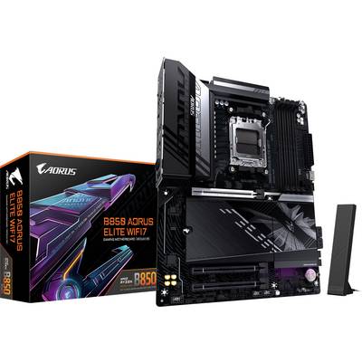 'B650 AORUS ELITE WIFI7' Mainboard neben der zugehörigen Verpackung, die bunte Grafiken zeigt. Enthält moderne Anschlussmöglichkeiten.