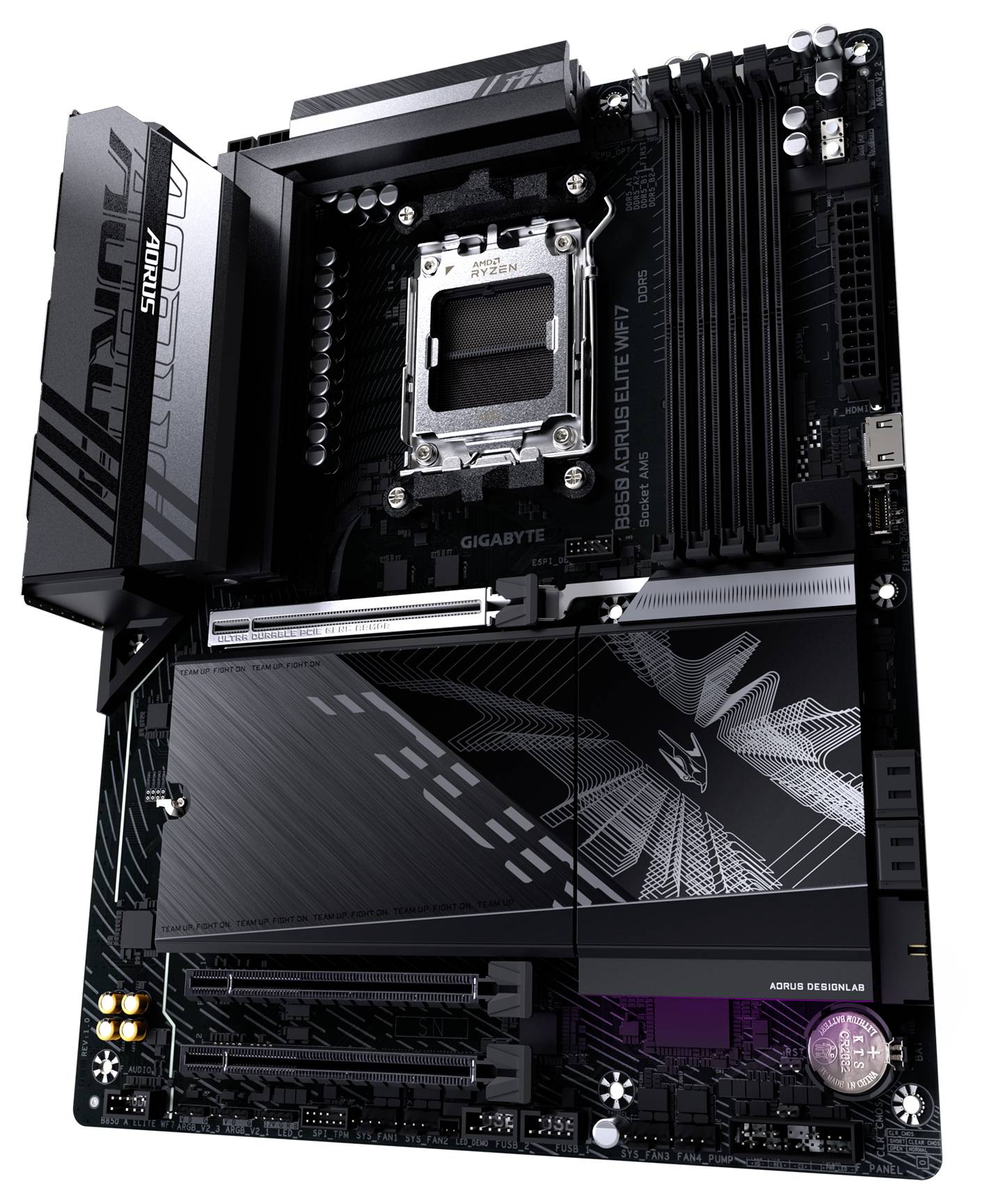 Eine schwarze Hauptplatine mit mehreren PCIe-Slots, RAM-Steckplätzen und einem CPU-Sockel, entworfen für leistungsfähige Computer.