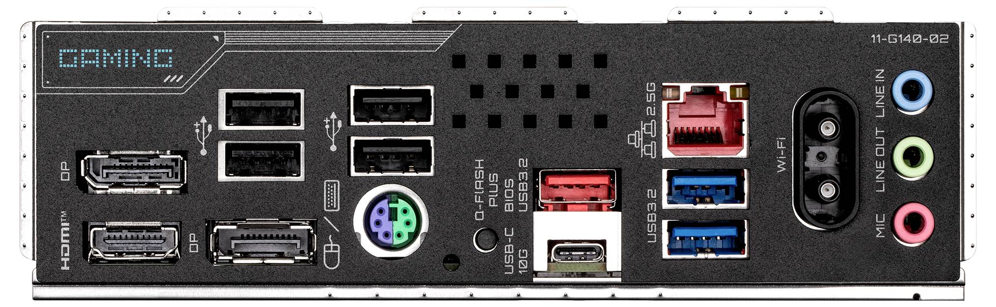 Rückseite eines Gaming-Motherboards mit verschiedenen Anschlüssen: HDMI, USB, Audio, Ethernet, PS/2-Anschluss.