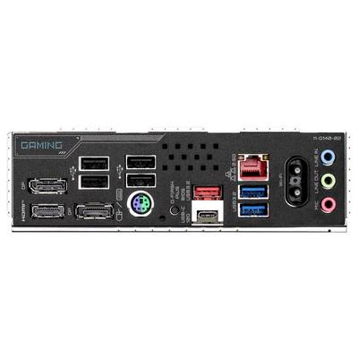 Rückseite eines Gaming-Motherboards mit verschiedenen Anschlüssen: HDMI, USB, Audio, Ethernet, PS/2-Anschluss.