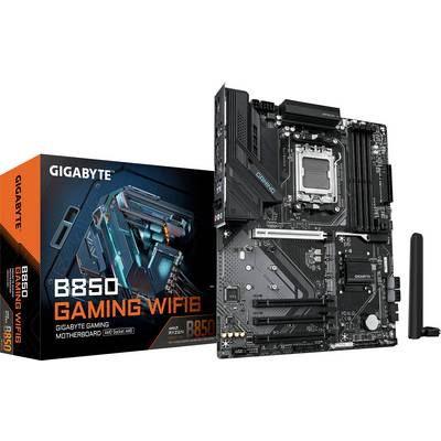 Gigabyte B850 Gaming WiFi6 Mainboard neben Originalverpackung, zeigt Anschlüsse und Steckplätze für PC-Komponenten.