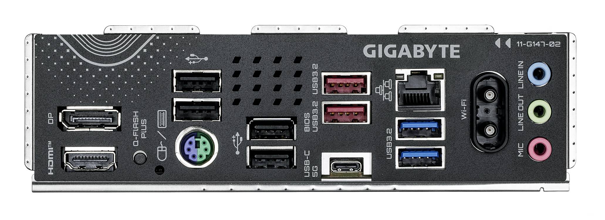 Anschlussfeld eines Mainboards von Gigabyte mit mehreren USB-Ports, Audioanschlüssen, HDMI-Port, Ethernet-Anschluss und PS/2-Anschluss.