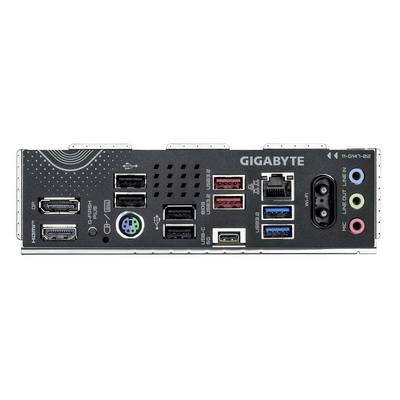 Anschlussfeld eines Mainboards von Gigabyte mit mehreren USB-Ports, Audioanschlüssen, HDMI-Port, Ethernet-Anschluss und PS/2-Anschluss.