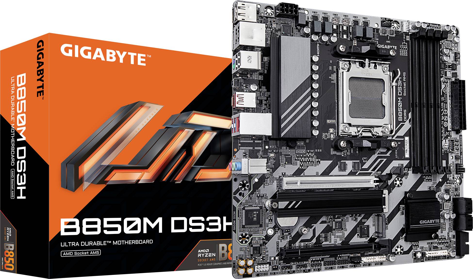 Motherboard und Verpackung der Marke Gigabyte, Modell B450M DS3H, mit AMD Ryzen-Unterstützung, abgebildet.