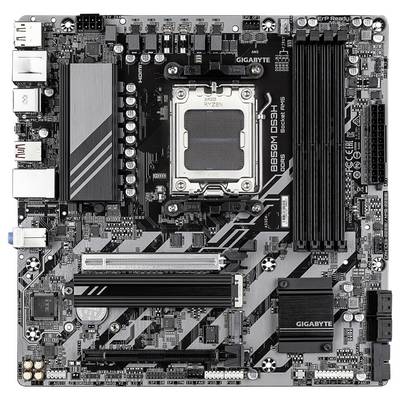 Mainboard mit CPU-Sockel in der Mitte, mehreren RAM-Steckplätzen rechts, verschiedenen Anschlüssen links und Chipsätzen.