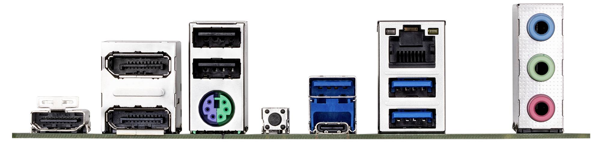 Rückseite eines Computer-Motherboards mit verschiedenen Anschlüssen: HDMI, USB, Ethernet, Audio und weitere Schnittstellen.