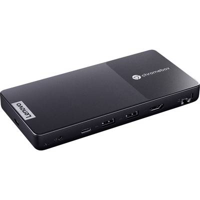 Ein schwarzer Lenovo Chromebox mit verschiedenen Anschlüssen, darunter USB, HDMI und Audio. Das Gerät ist kompakt und rechteckig.