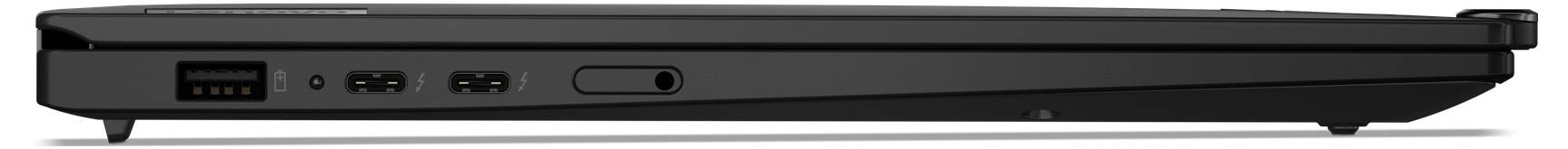 Seitenansicht eines schwarzen Laptops mit geschlossenem Display. Auf der Seite befinden sich mehrere Anschlüsse für USB und Audio.