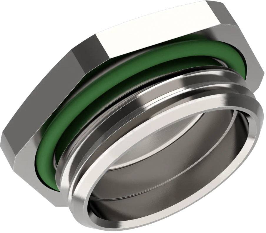 Metalladapter mit grünem Dichtungsring. Verwendet in Rohrverbindungssystemen zur Sicherstellung einer dichten Verbindung.