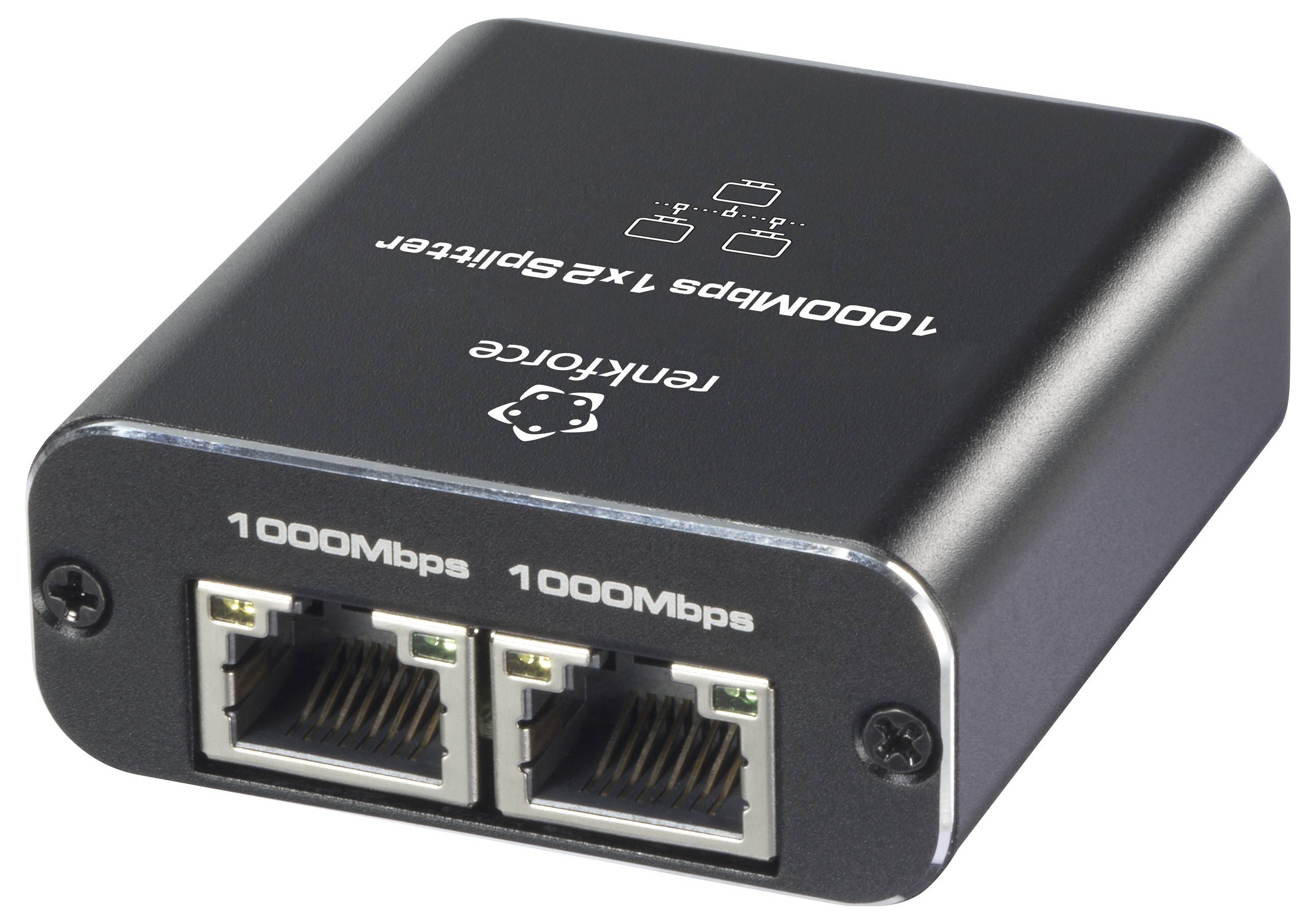 Schwarzer Ethernet-Splitter mit zwei LAN-Anschlüssen, beschriftet mit '1 zu 2 Splitter 1000Mbps', zur Netzwerkverbindungserweiterung.