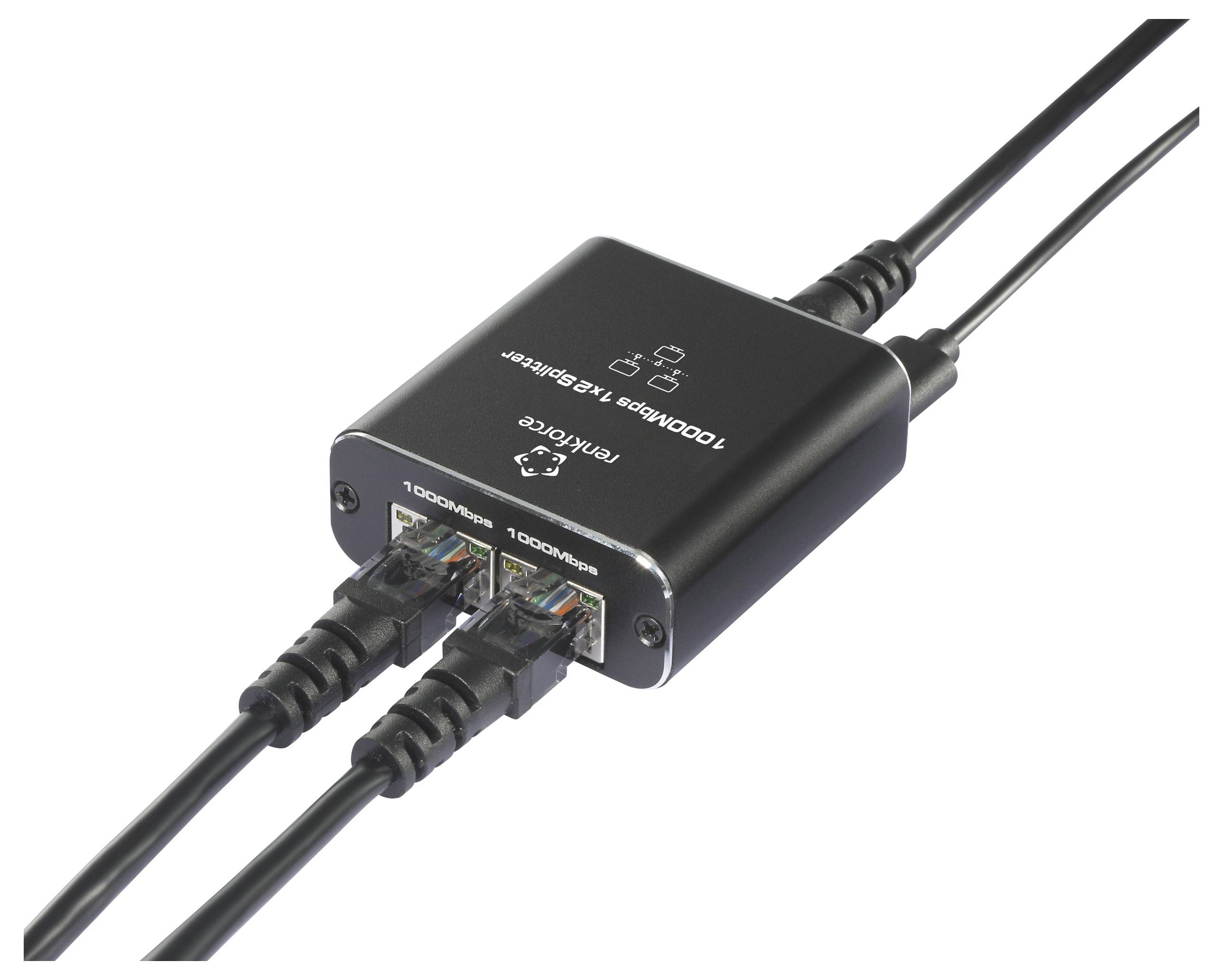 Ein schwarzer Ethernet-Switch mit zwei angeschlossenen Kabeln, beschriftet mit '1000M' und 'In/Out'.